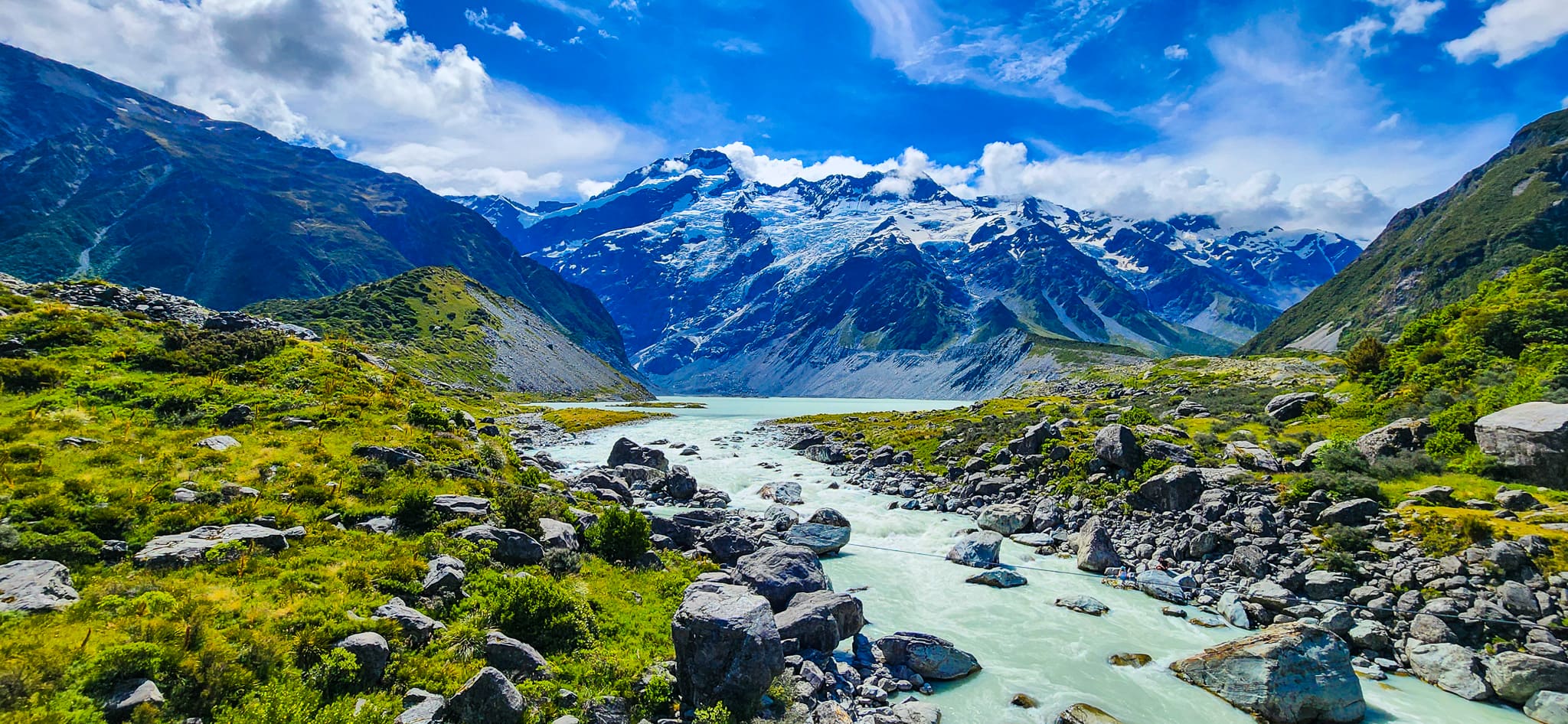 Views of Mount Sefton and Mueller Lake from First Swing Bridge along Hooker Valley Track