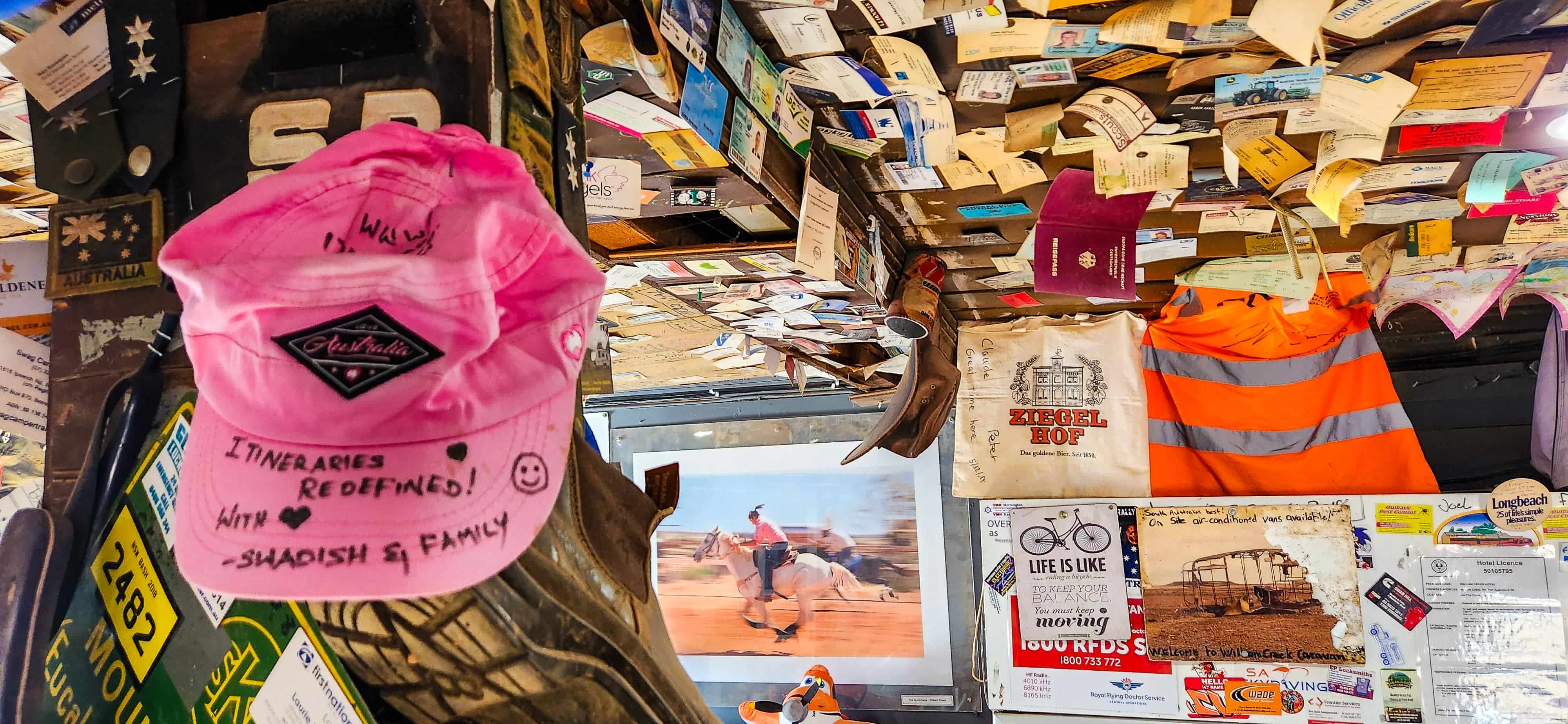 Collection of mementoes at William Creek Hotel
