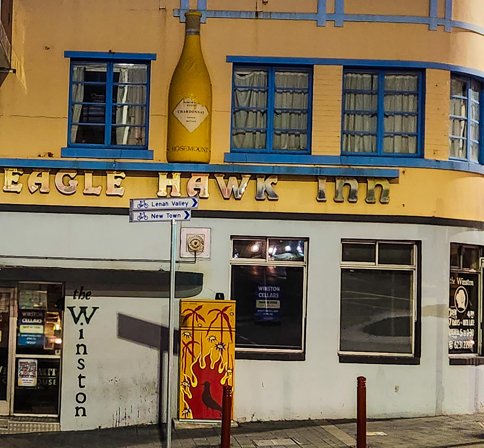 The Big Wine Bottle outside The Winston in North Hobart
